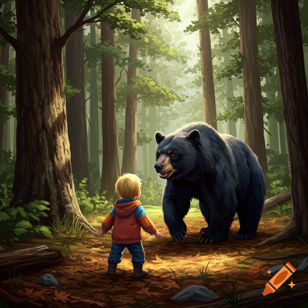 A small child in a red jacket stands facing a black bear in a sunlit forest.