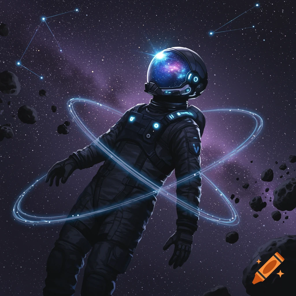 An astronaut floats in space surrounded by glowing blue rings and asteroids, with a galaxy reflected in their helmet visor and constellations in the background.