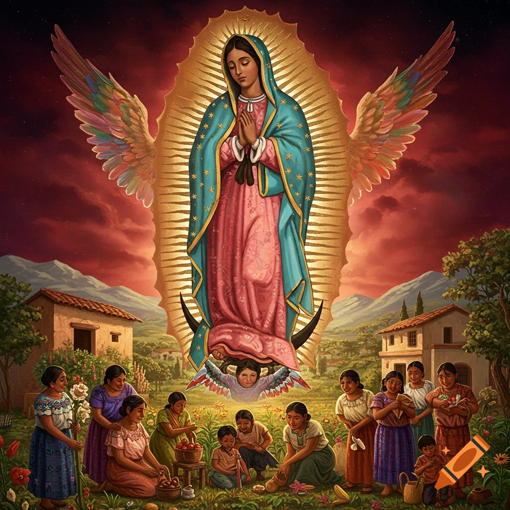 Traditional depiction of La Virgen de Guadalupe with a golden aura, standing above Latino families in a lush landscape, illustrating community and faith.