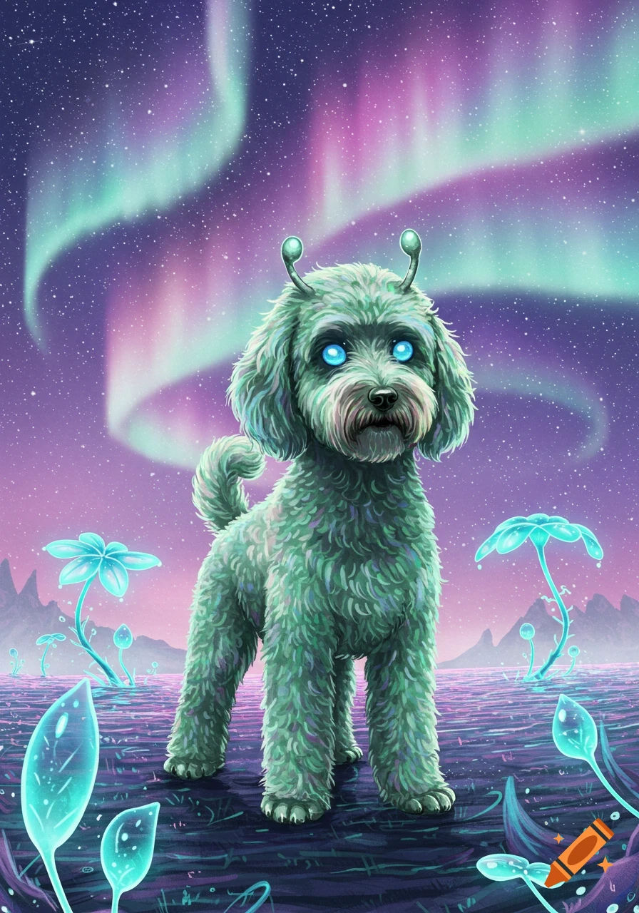 A fluffy green alien dog with glowing blue eyes and antennae stands in a vibrant purple and green alien landscape under an aurora.