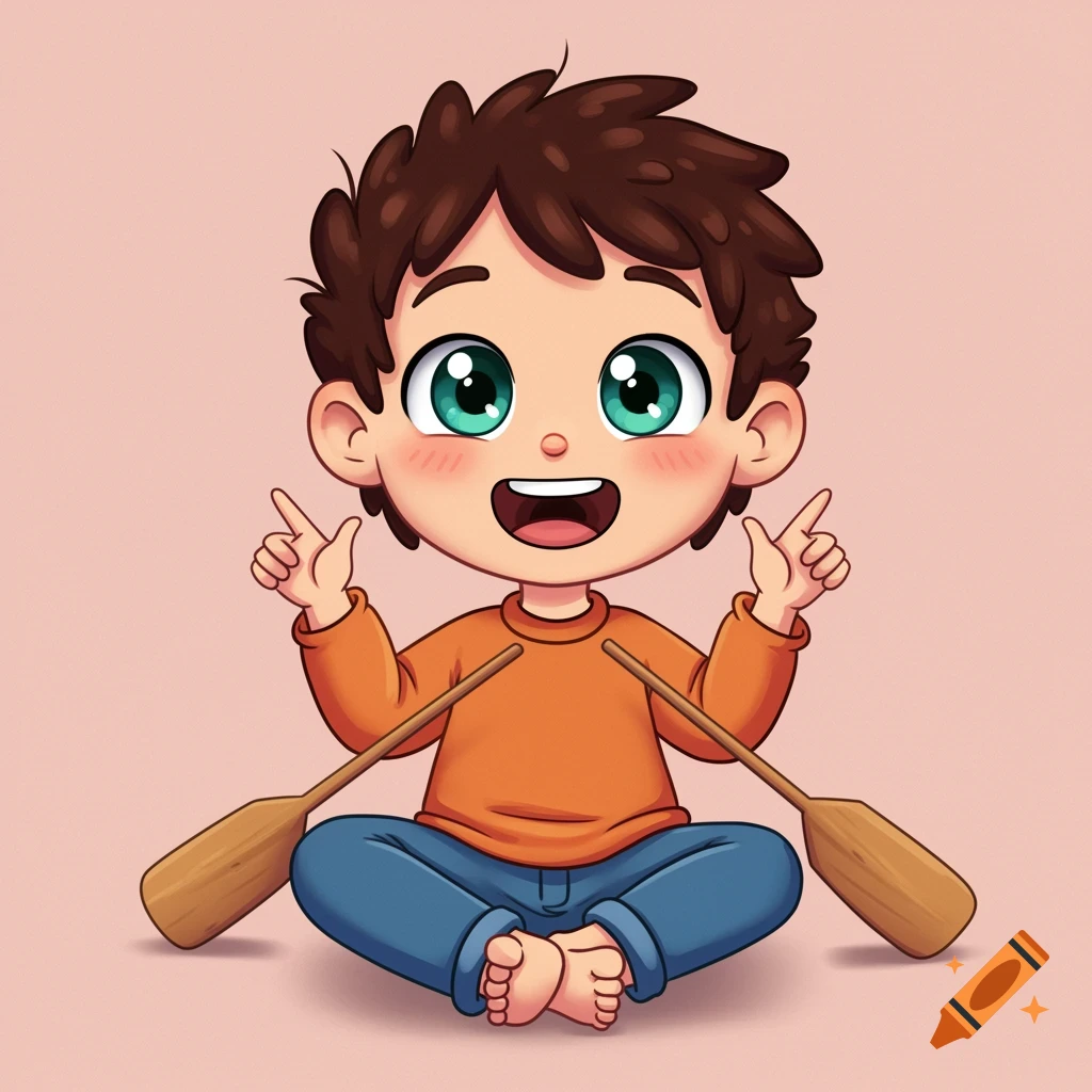 A cute cartoon child with brown hair and green eyes sitting cross-legged, holding two wooden oars as if rowing, on a plain background.