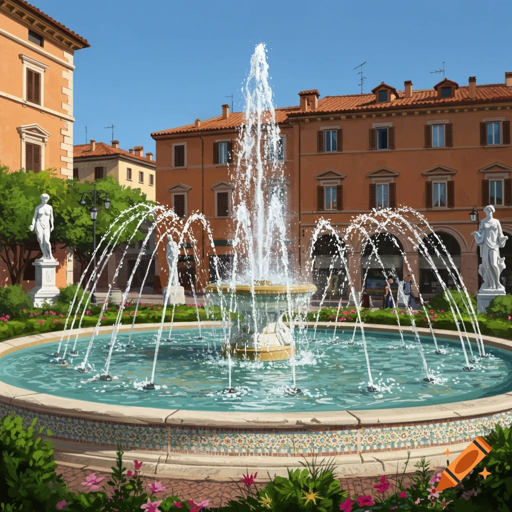 A large stone fountain sprays water in a sunny plaza surrounded by orange European-style buildings, green trees, and classical white statues.