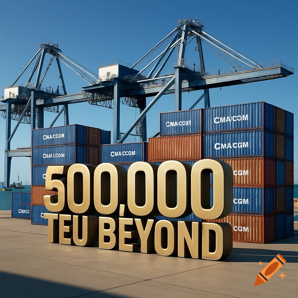 A photorealistic image of a shipping port with large golden 3D text '500,000 TEU BEYOND' in the foreground, stacks of blue and orange shipping containers, and large port cranes under a clear blue sky.