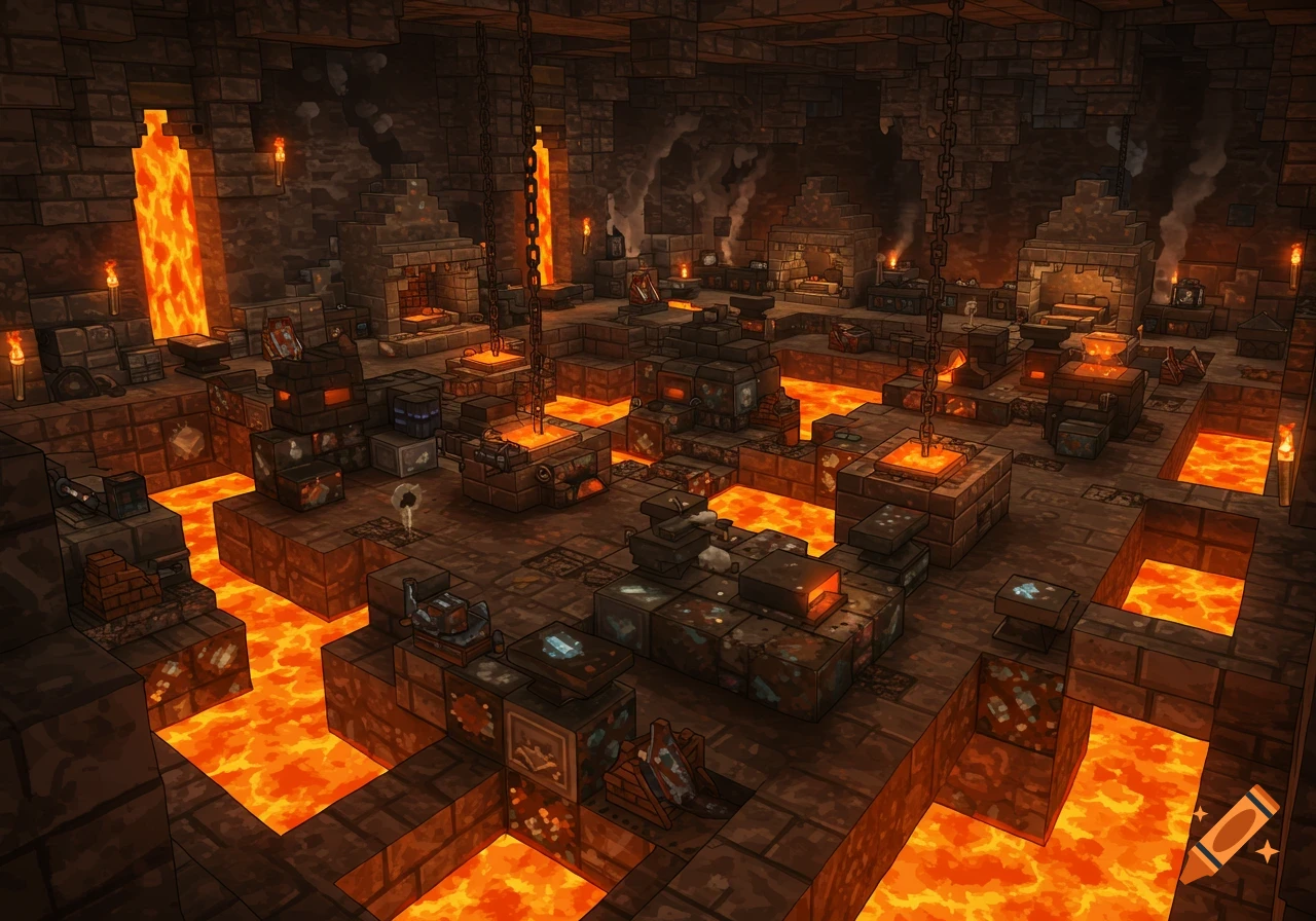 Blocky underground smelting area with lava pits, furnaces, anvils, and metalworking equipment in a Minecraft style.