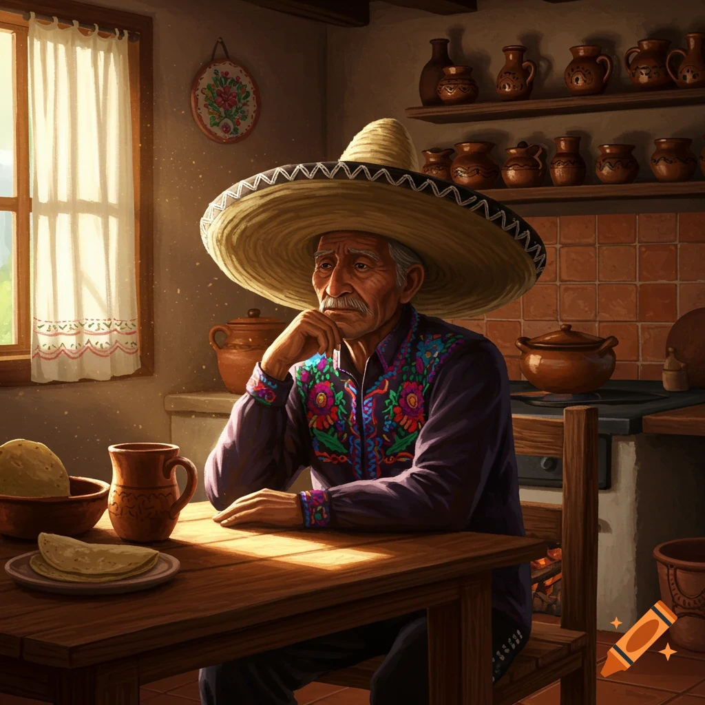 An old Mexican man in a wide sombrero sits contemplatively at a wooden table in a rustic kitchen, with pottery and tortillas nearby.