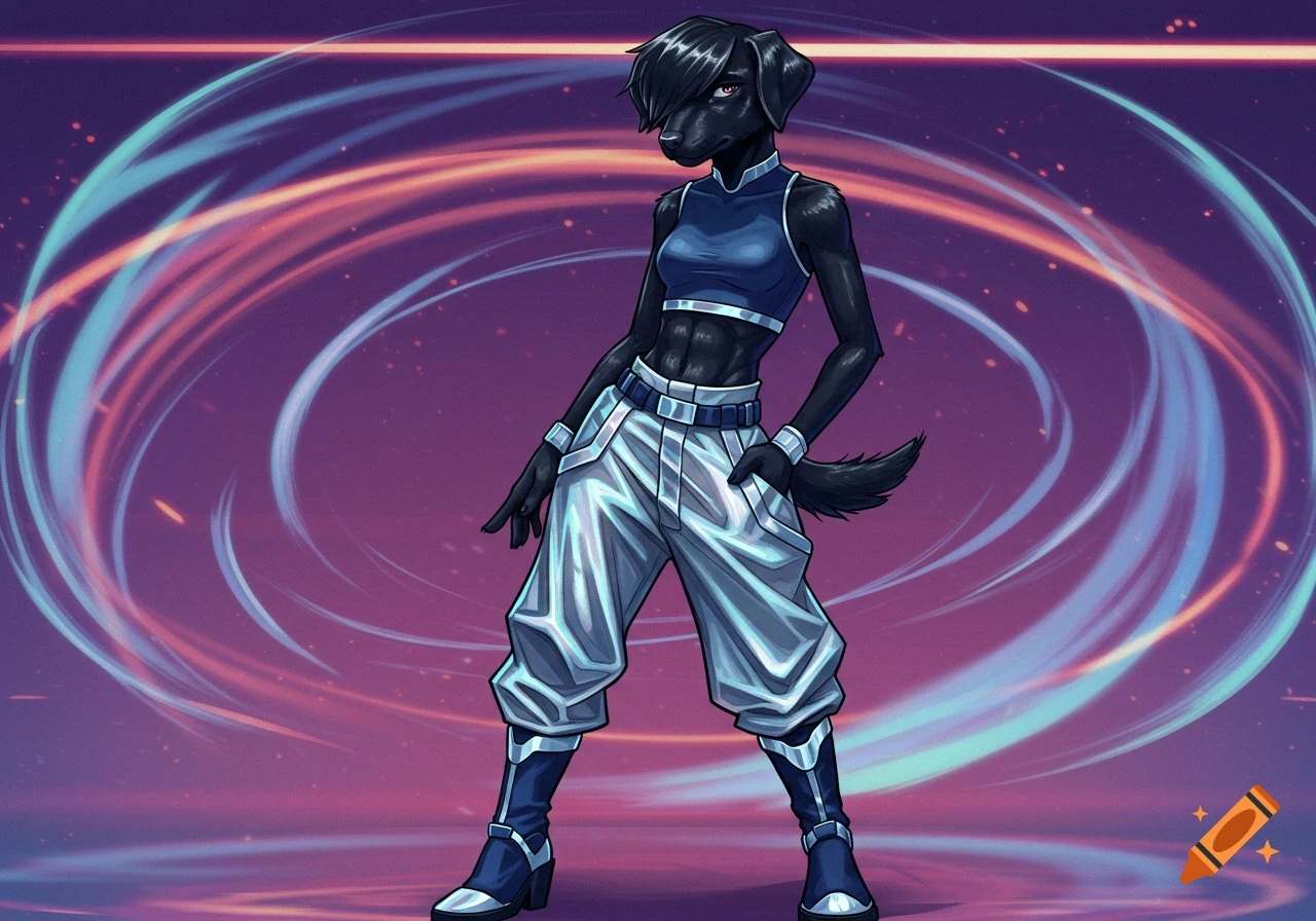 A stylized anthropomorphic black Labrador dog character with dark hair and red eyes, wearing a blue crop top, silver baggy pants, and navy blue boots, stands against a purple and blue swirling background.
