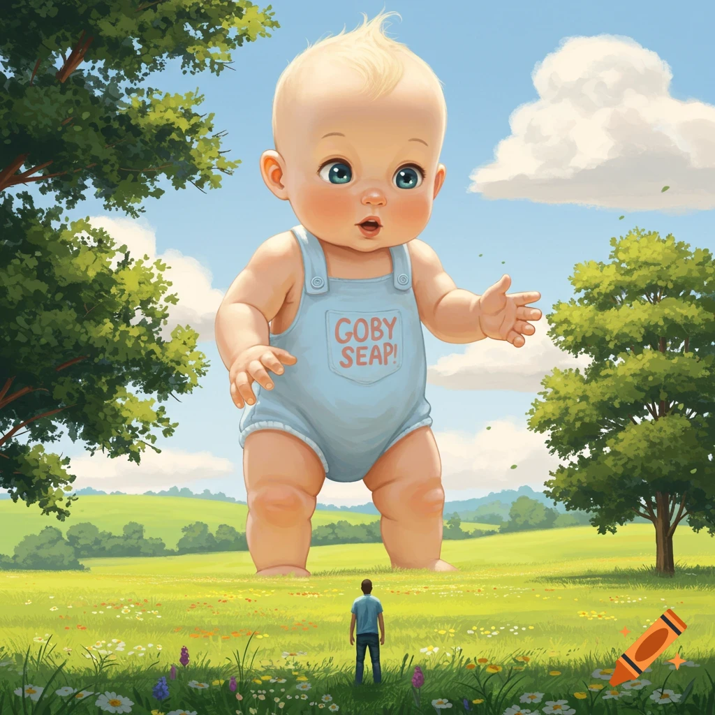 A tiny man stands in a green field looking up at a gigantic baby wearing blue overalls, under a blue sky with clouds.