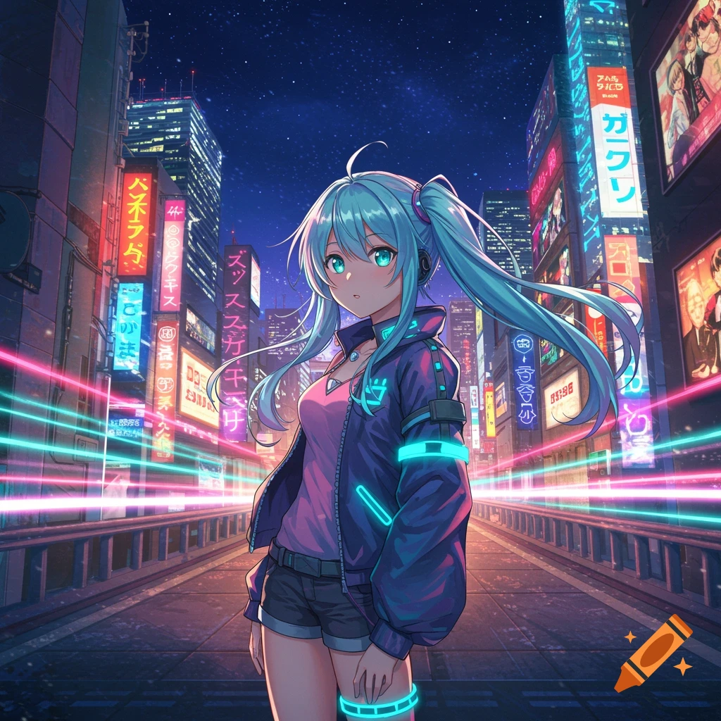 An anime girl with light blue hair and headphones stands in a neon-lit cyberpunk city at night.