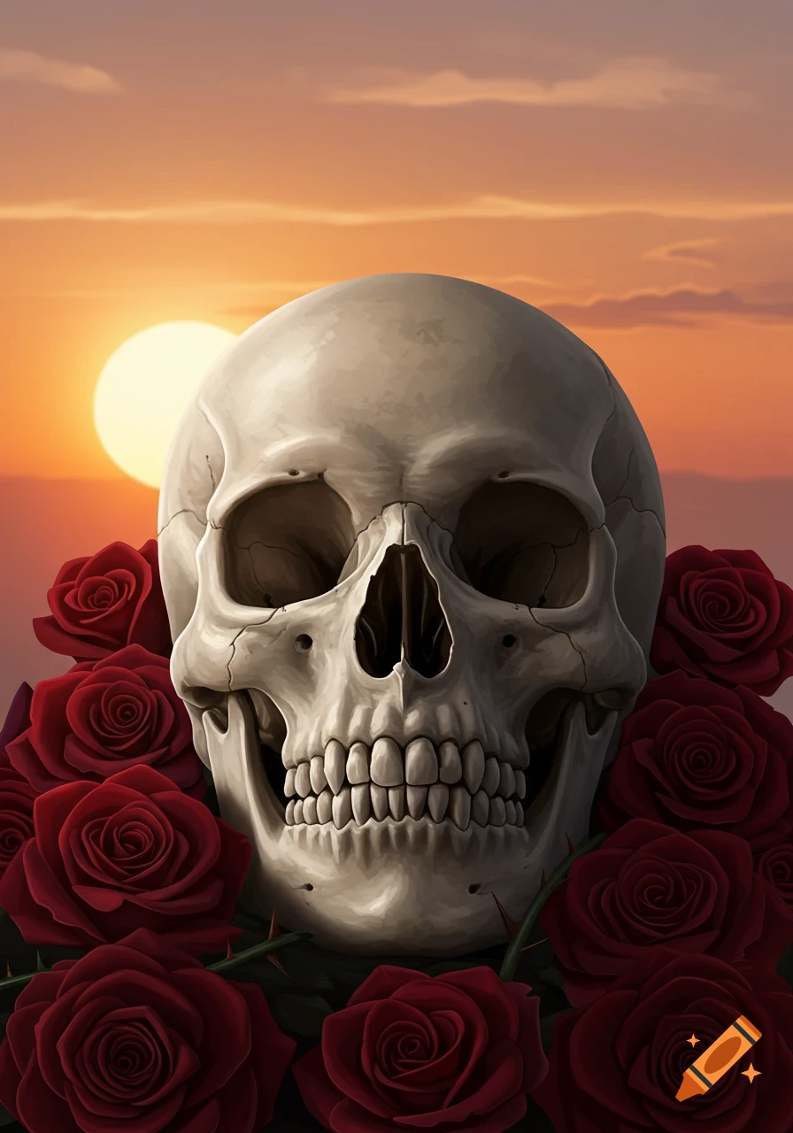 An illustrated skull surrounded by red roses, with a bright sunset behind it.