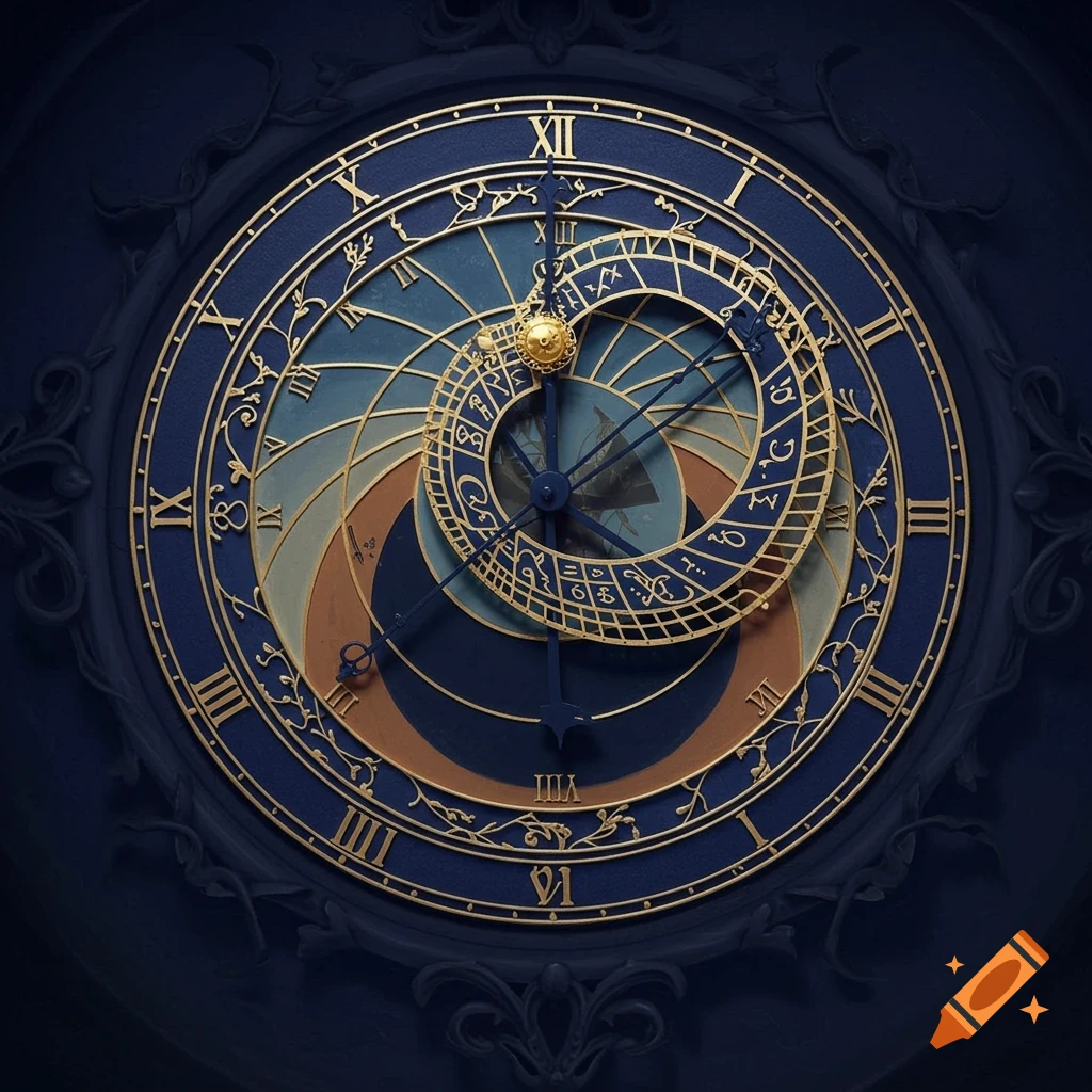 An ornate, detailed blue and gold astronomical clock with Roman numerals and intricate designs, set against a dark background.