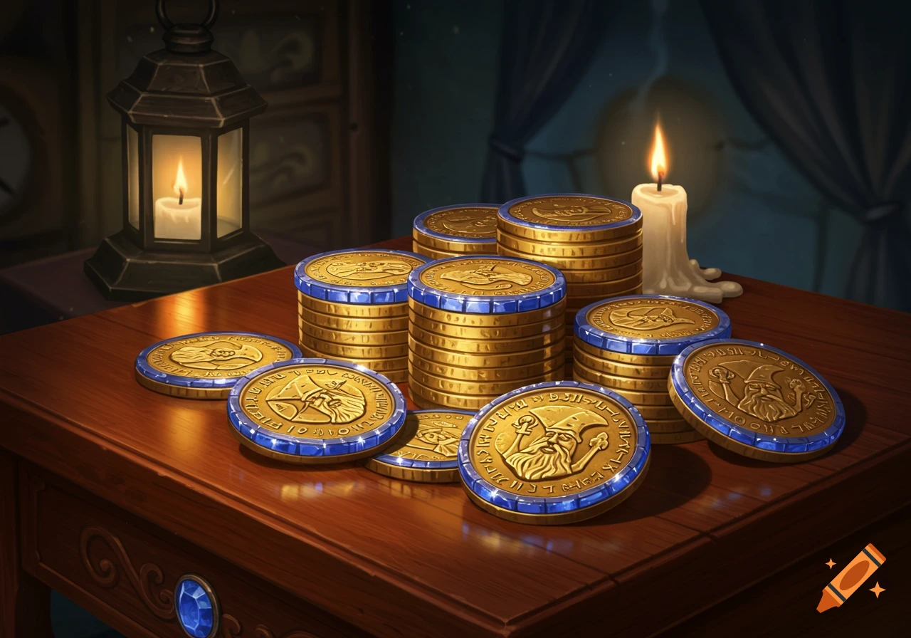 Stacks of gold fantasy coins with blue sapphire rims on a wooden table, lit by a flickering candle and a glowing lantern in a dark room.