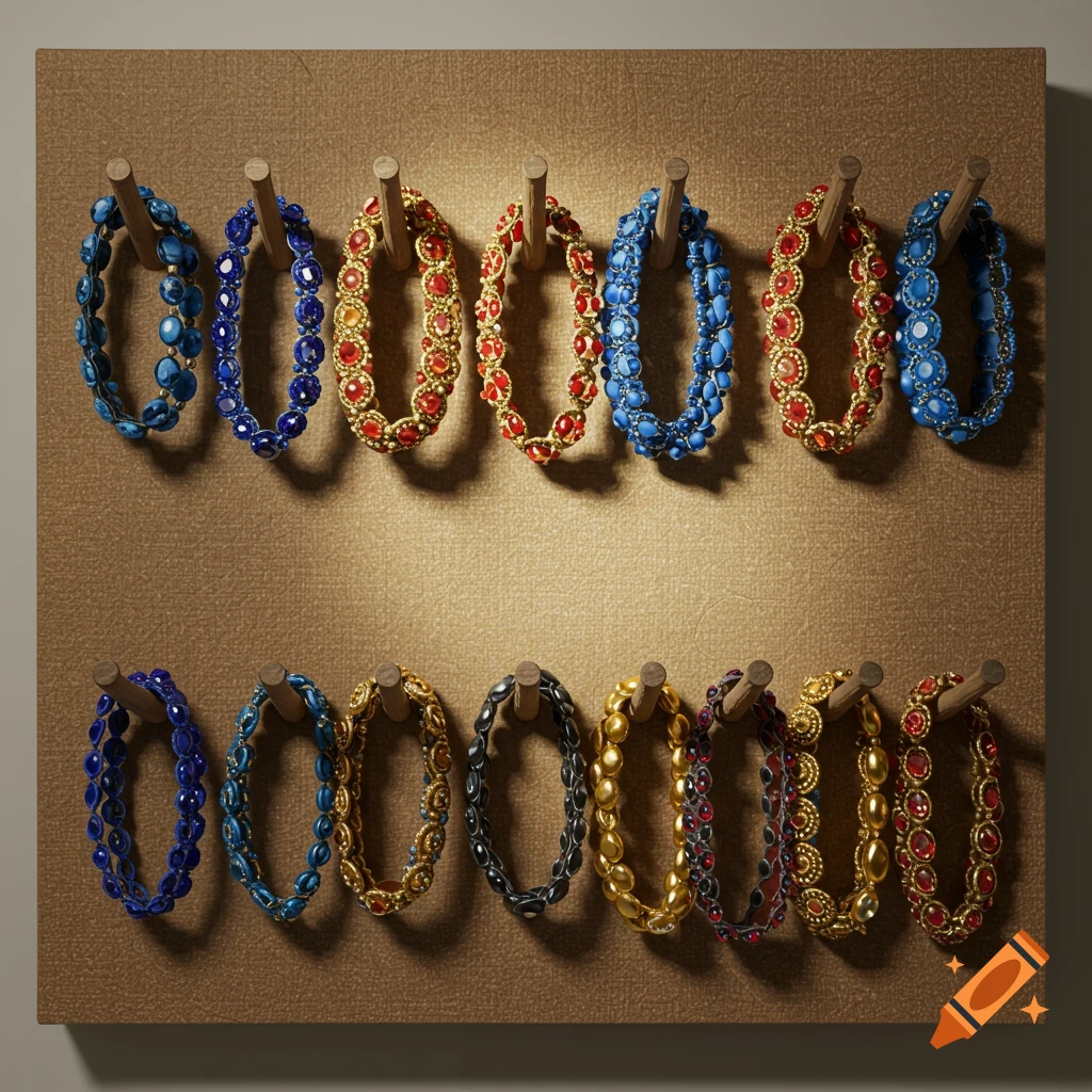 Twelve colorful beaded bracelets hanging on wooden pegs against a textured brown board.