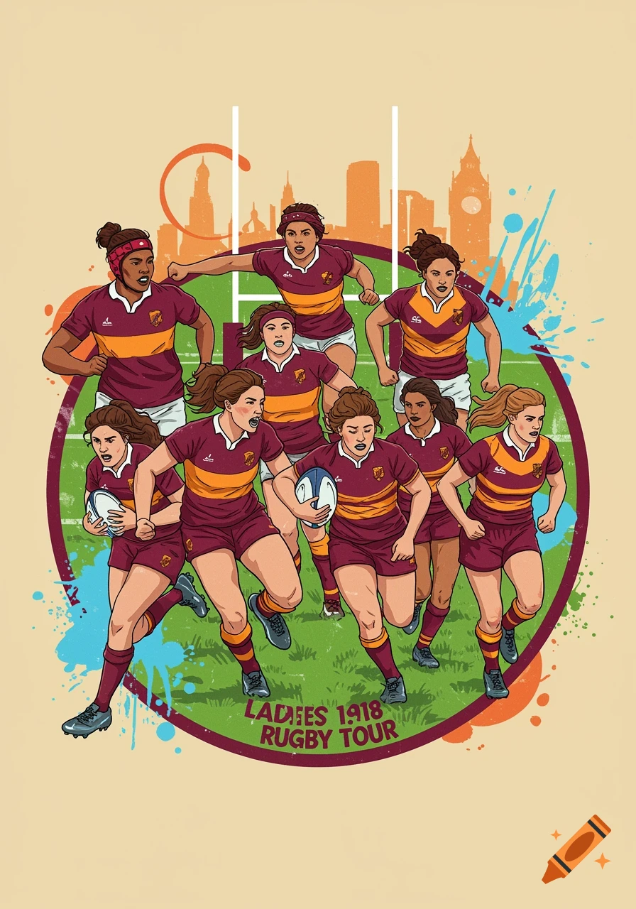 An illustration of a women's rugby team in maroon and gold jerseys on a green field, with city skyline and goalposts in the background. Text reads 'LADIES 1918 RUGBY TOUR'.