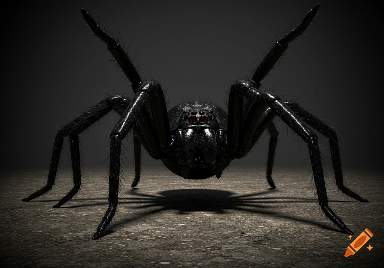 A large, black, photorealistic spider with red eyes in an intimidation stance, against a dark background.