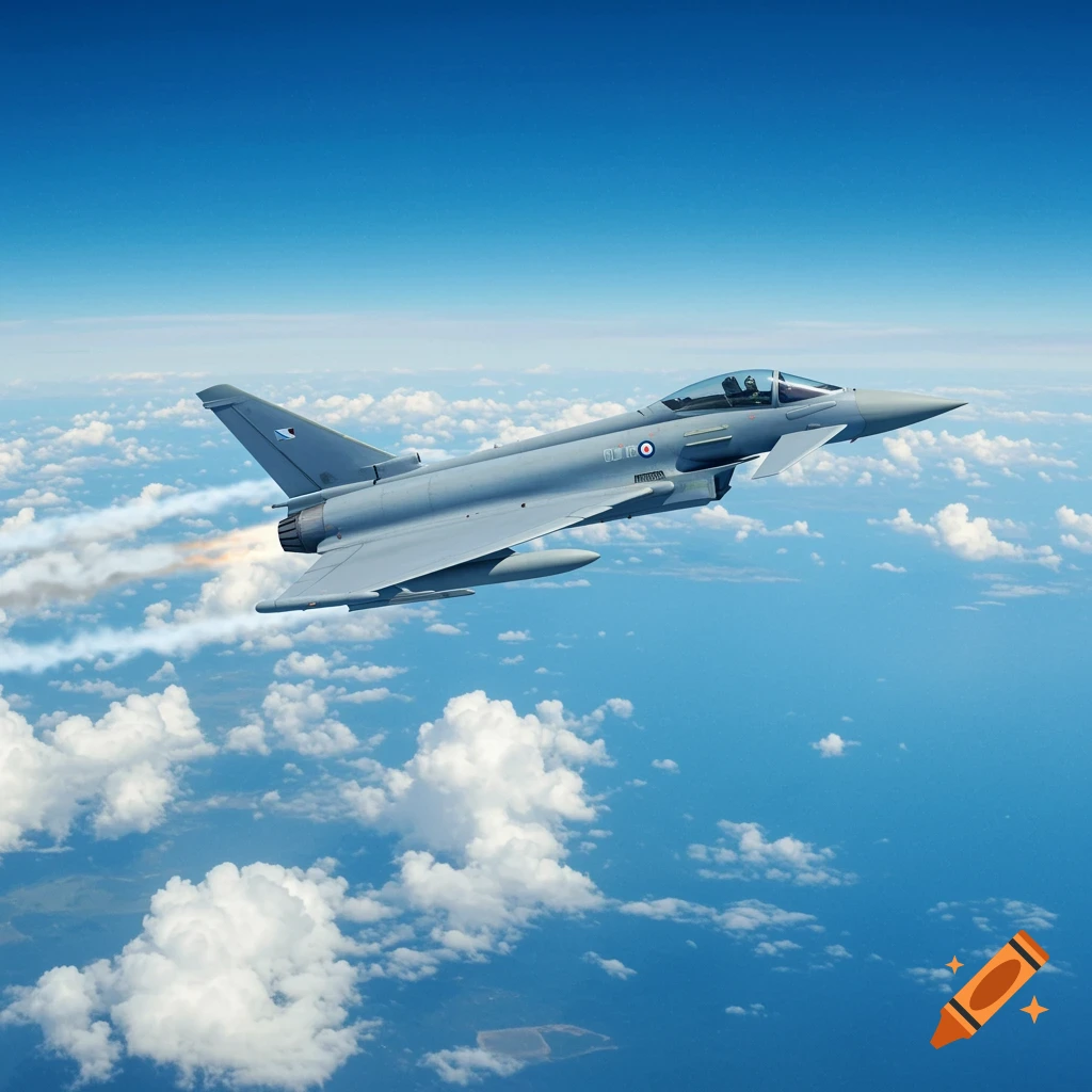 A grey Eurofighter jet flies high in a clear blue sky above white clouds, with the ocean visible in the distance.