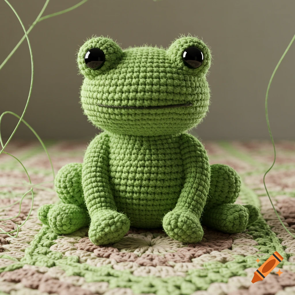 A green crocheted frog with black eyes sits on a brown and green crocheted blanket.