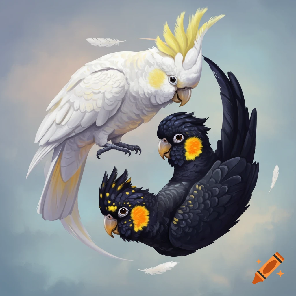 A white cockatoo and an upside-down black cockatoo with yellow cheeks form a Yin Yang symbol against a soft sky background.