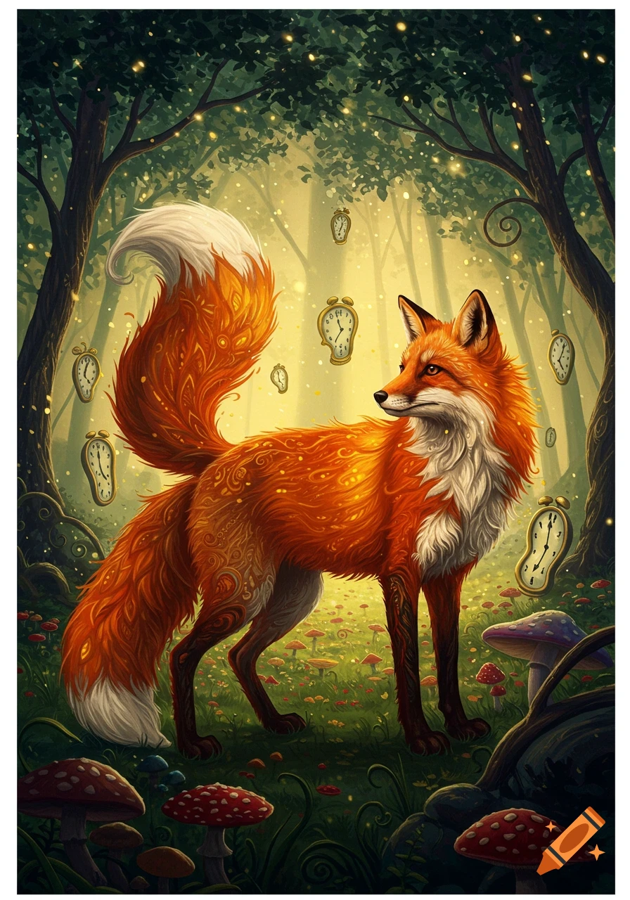 A vibrant, stylized fox stands in a magical forest with glowing lights and melting clocks, in a surreal art style.