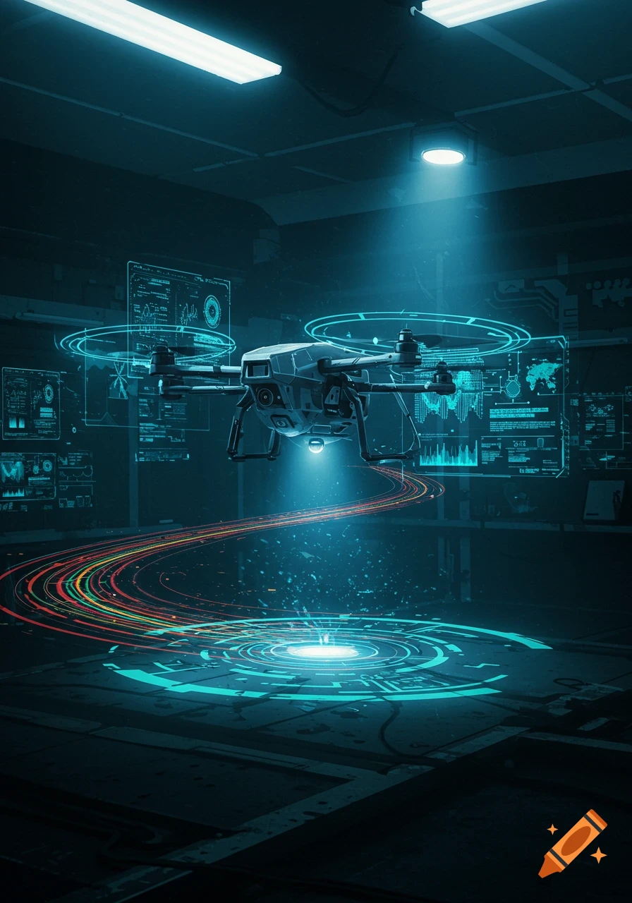 A futuristic drone hovers in a dark, high-tech lab filled with glowing blue holographic screens displaying data and digital information.