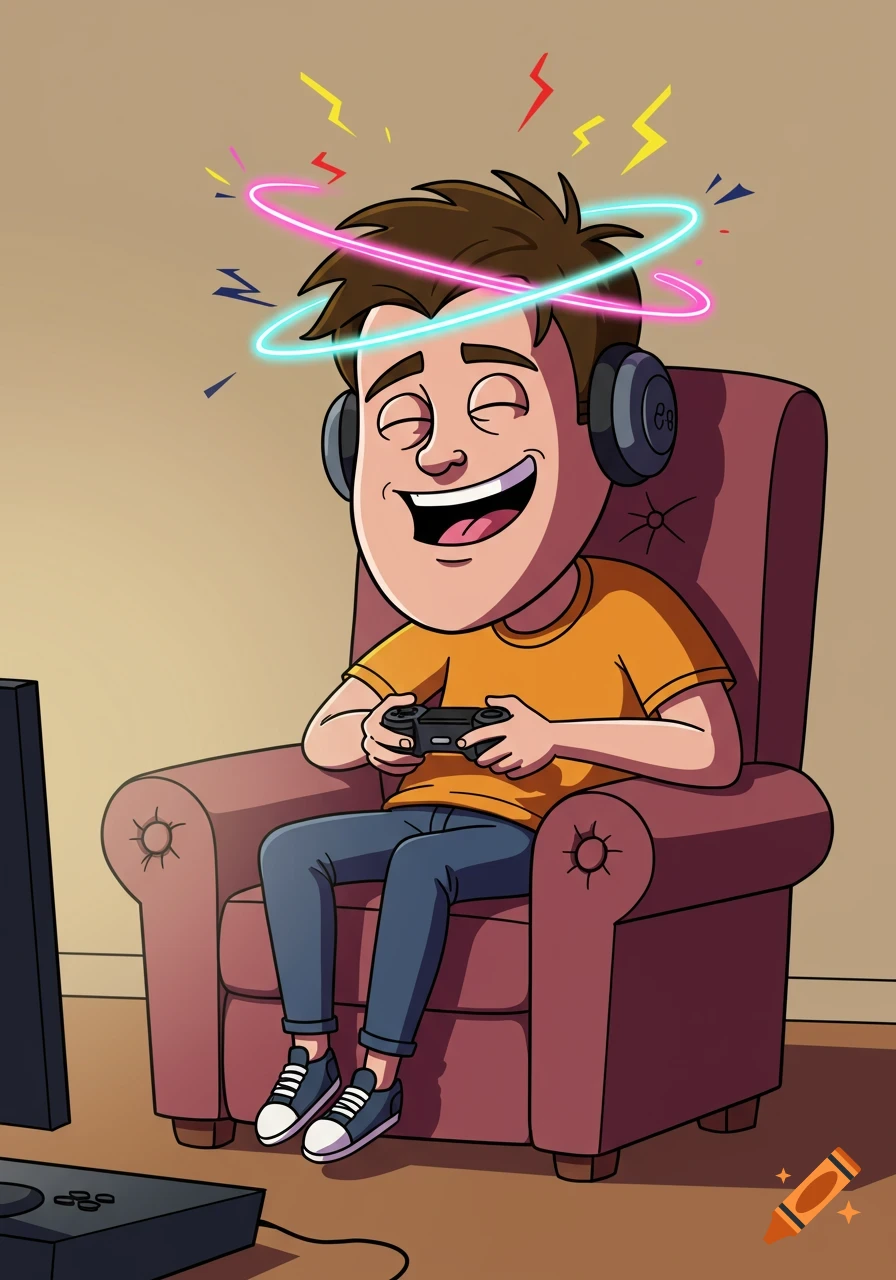 A smiling cartoon boy wearing headphones, slouched in an armchair playing video games, with neon rings around his head.