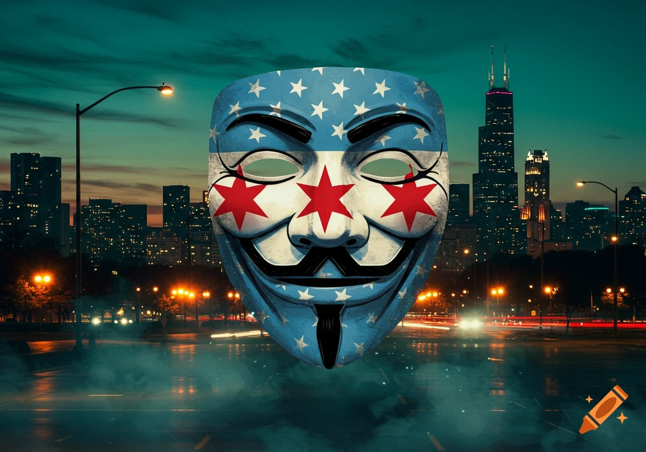 A Guy Fawkes mask featuring the Chicago flag design floating above a neon cityscape at night.