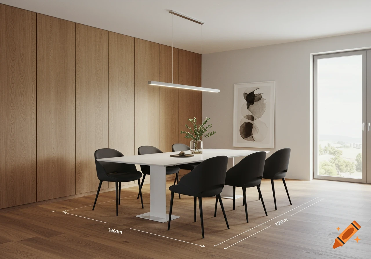 A modern dining room with a white rectangular table, black chairs, and a long hanging light fixture. One wall is wood paneling, the other a large window.