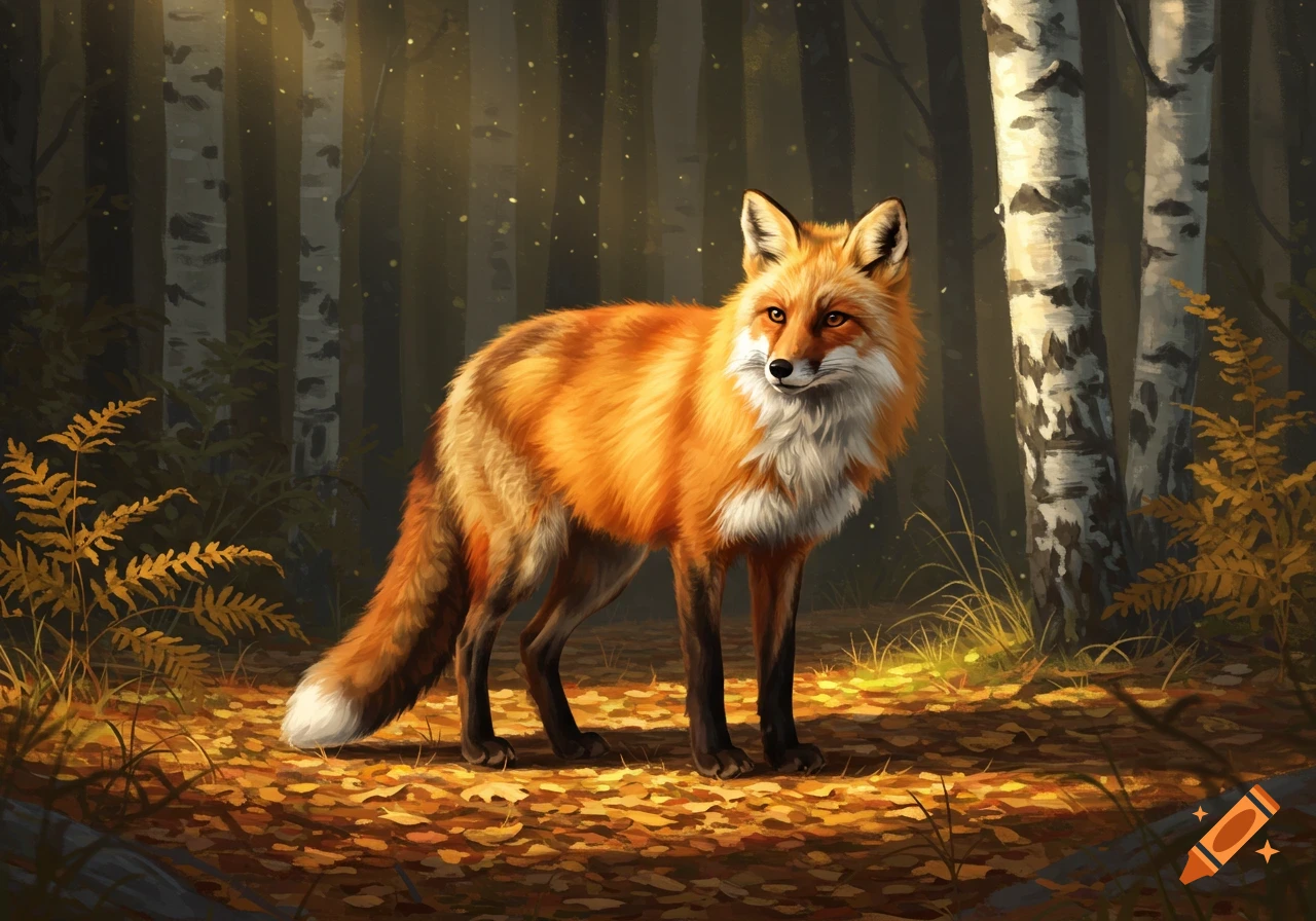 A vibrant red fox stands in a sunlit autumn forest with birch trees and fallen leaves, in a painterly style.