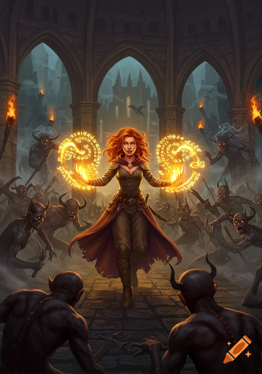 A red-haired sorceress casts glowing magic amidst a horde of demons in a dark gothic setting.
