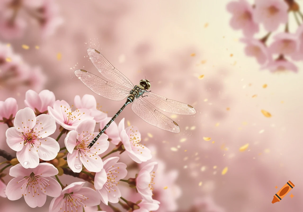 A close-up shot of a dragonfly with shimmering wings among soft pink cherry blossoms, with petals gently falling.
