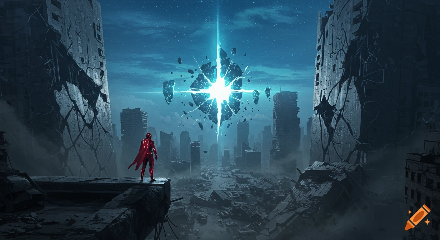 A lone figure in a red suit stands on a ruined platform, overlooking a devastated post-apocalyptic city with a glowing blue rift. Digital art.