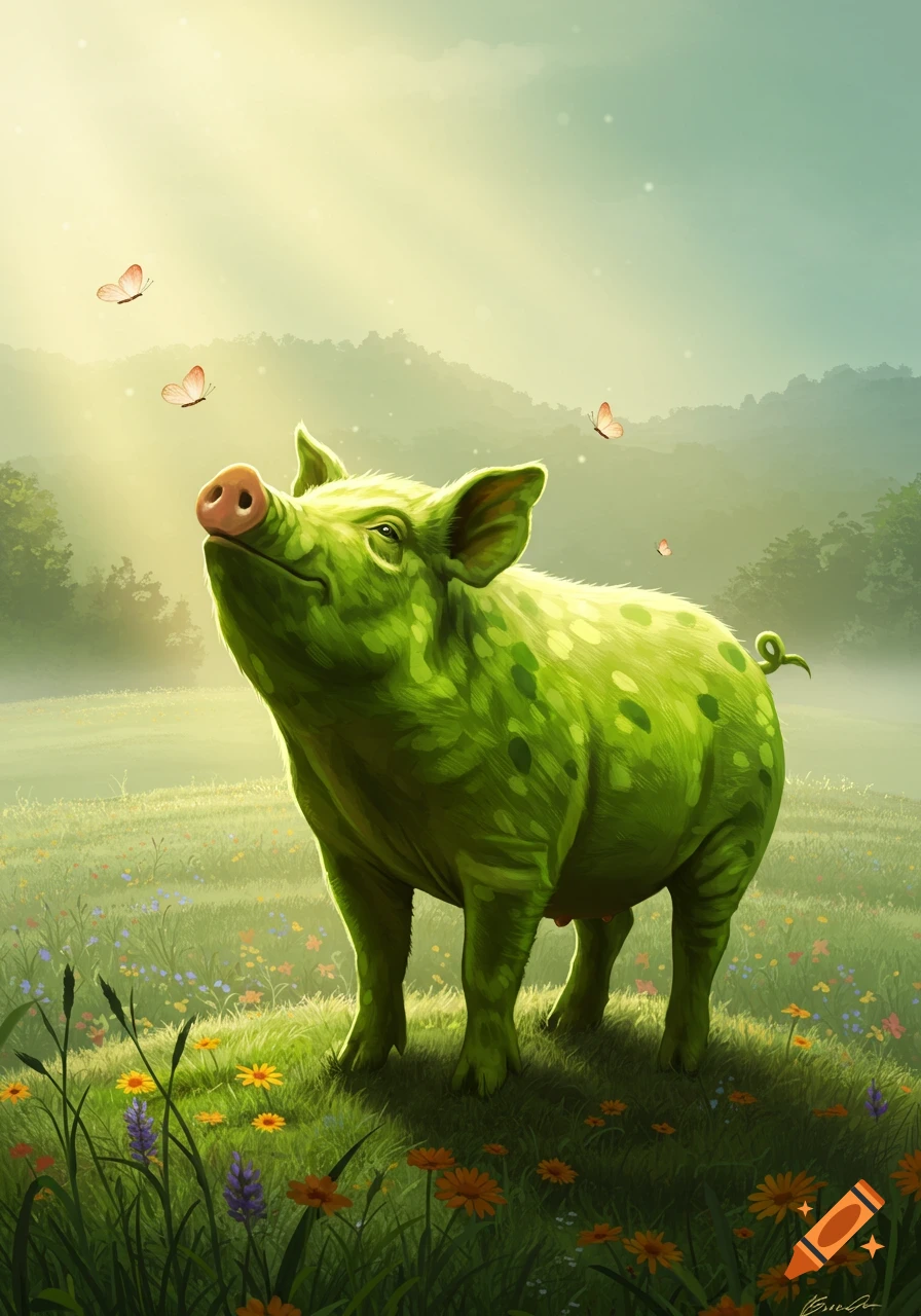 A vibrant green pig with spots stands in a sunny, flower-filled meadow with butterflies, gazing upwards.