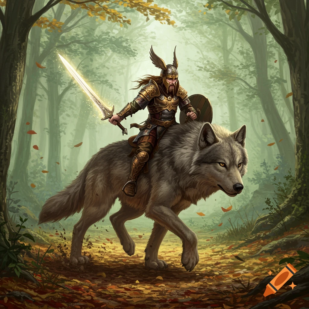 A Celtic warrior in golden armor with a winged helmet rides a large grey wolf through an autumn forest, holding a glowing sword.