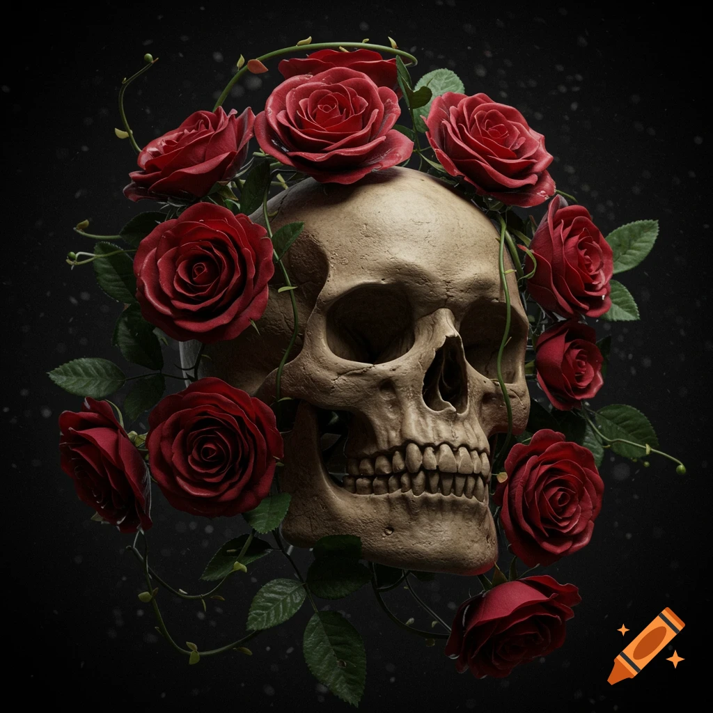 A photorealistic rendering of a human skull adorned with vibrant red roses and green thorny vines on a dark background.