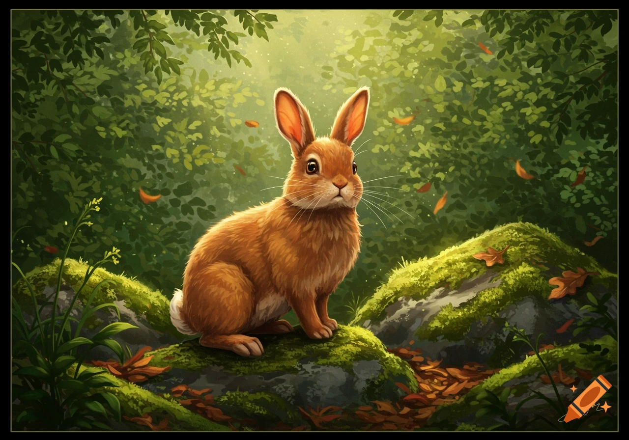 A fluffy brown rabbit sits on a mossy rock in a sunlit forest, surrounded by green foliage and fallen leaves.