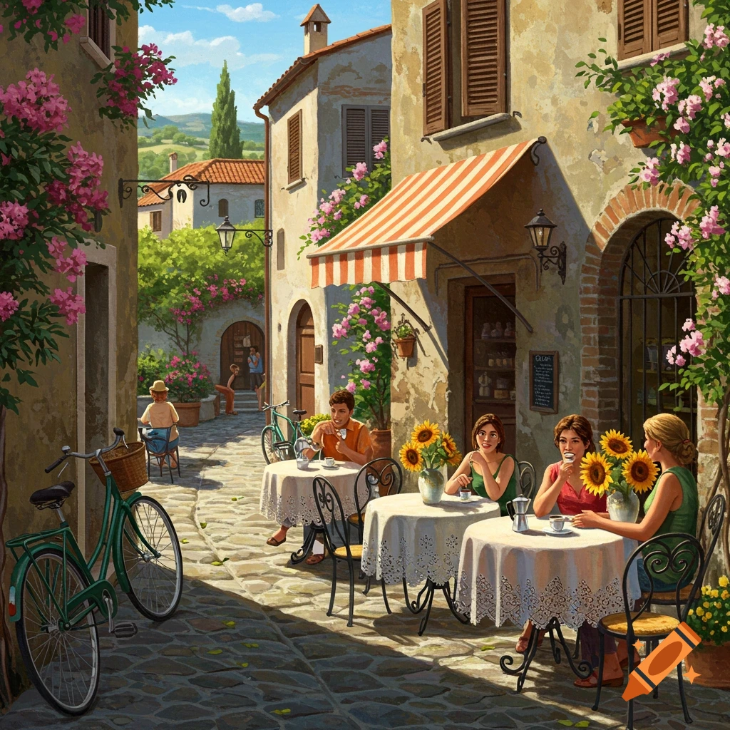 An illustrated outdoor scene of people at a cafe on a narrow, flower-lined Italian street with cobbled ground and buildings.