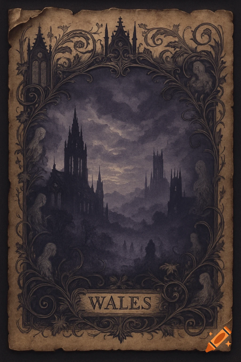 Dark, gothic landscape with castles in fog, set within an ornate, vintage frame on parchment, with 'WALES' at the bottom.