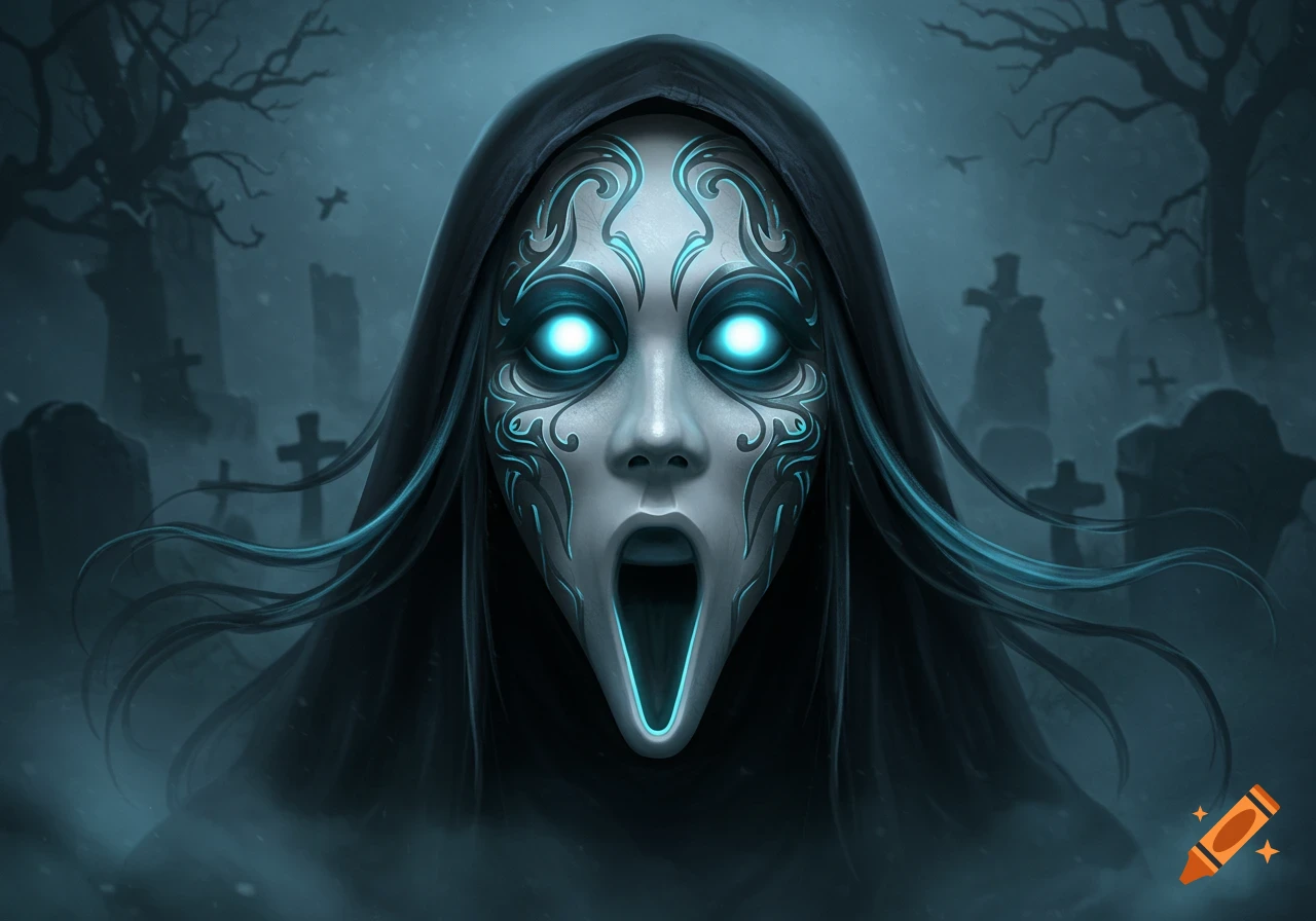 Close-up of a ghostly figure in a dark hood with glowing blue eyes and ornate white facial patterns, standing in a misty graveyard.