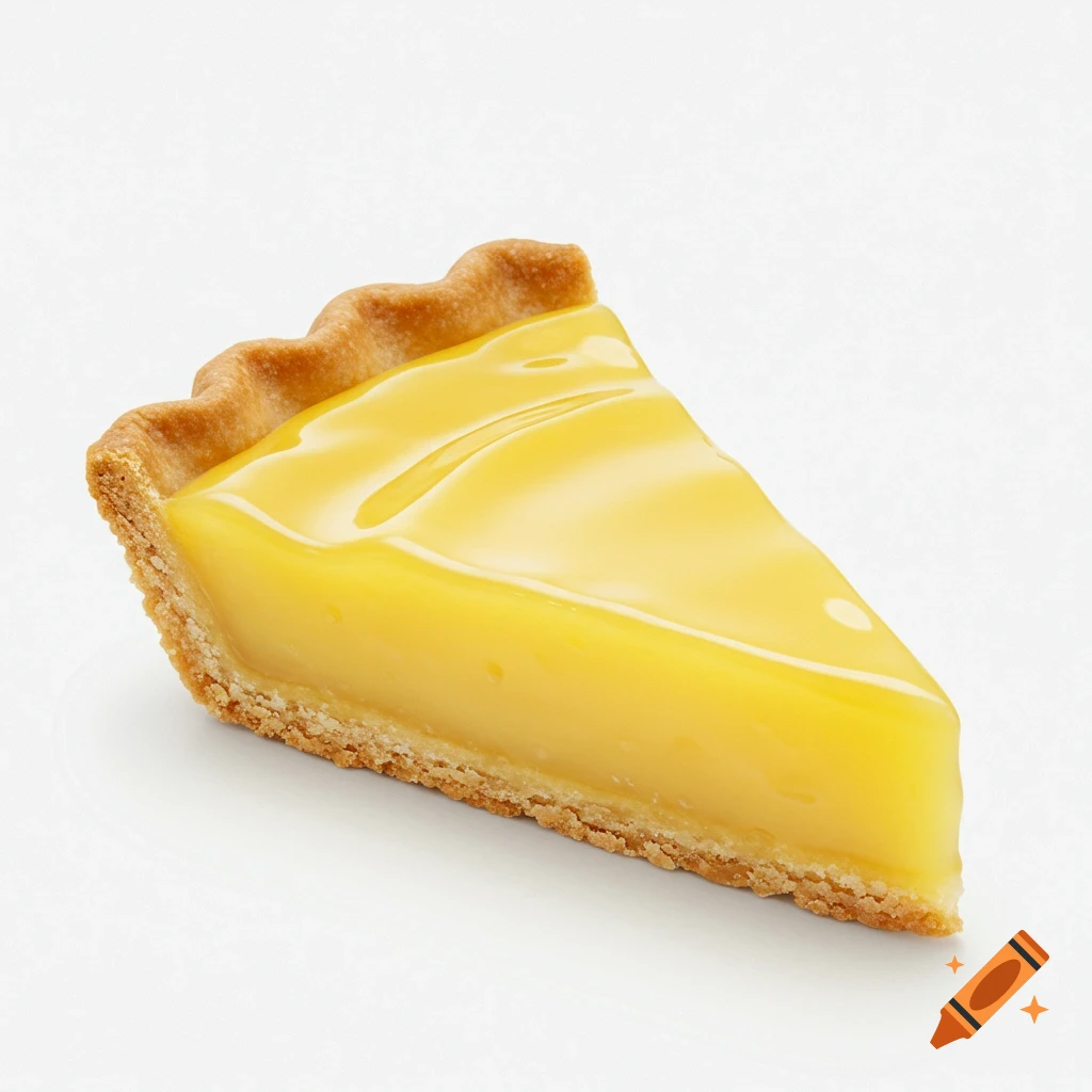 A close-up high-resolution digital photograph of a single slice of lemon pie with a glossy yellow lemon curd and a golden flaky crust, isolated on a white background.