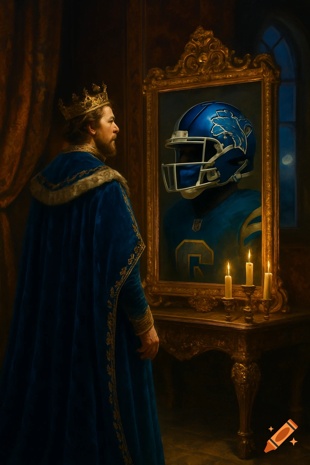 A king in a blue cloak and gold crown looks into an ornate mirror, seeing his reflection as a football player in a blue helmet and jersey. Digital art.