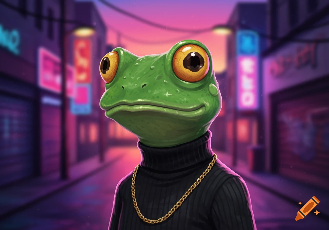 A cool green cartoon frog wearing a black turtleneck and gold chain stands in a blurry, neon-lit city street at night, anime style.