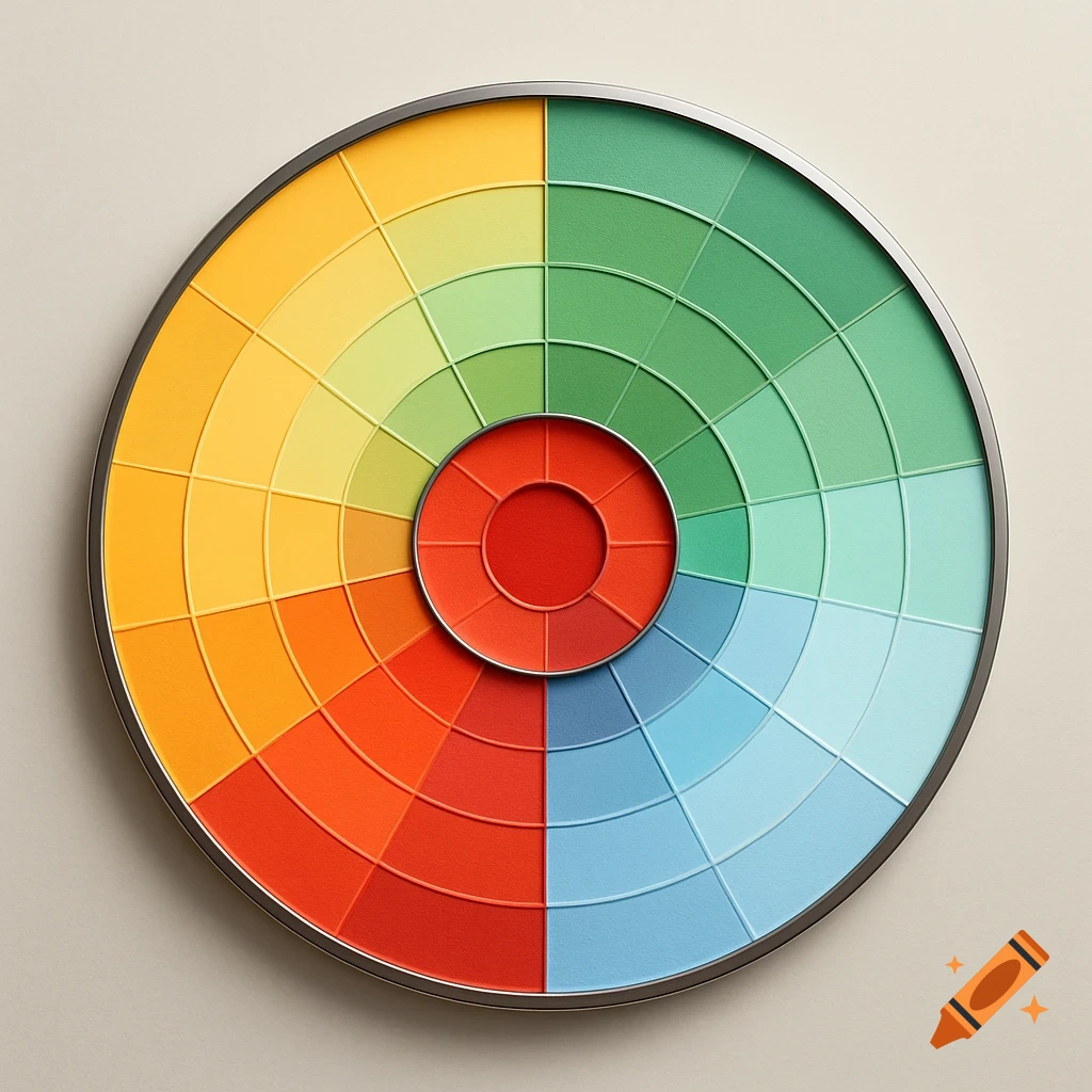 Vibrant circular color wheel chart with four concentric rings and four color value scales in quadrants, set against a light background.
