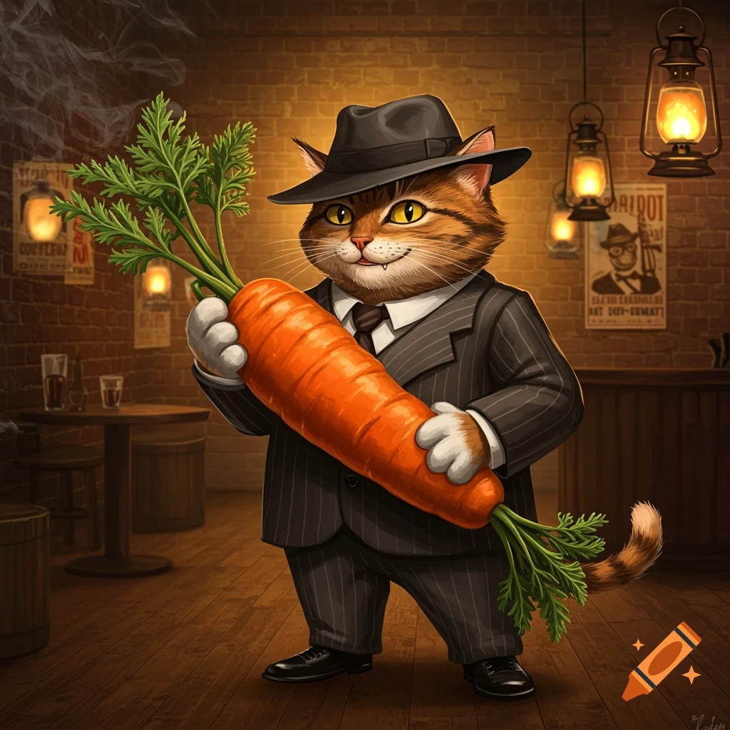 A cartoon tabby cat in a pinstripe suit and fedora holds a giant carrot in a dim, brick-walled bar.