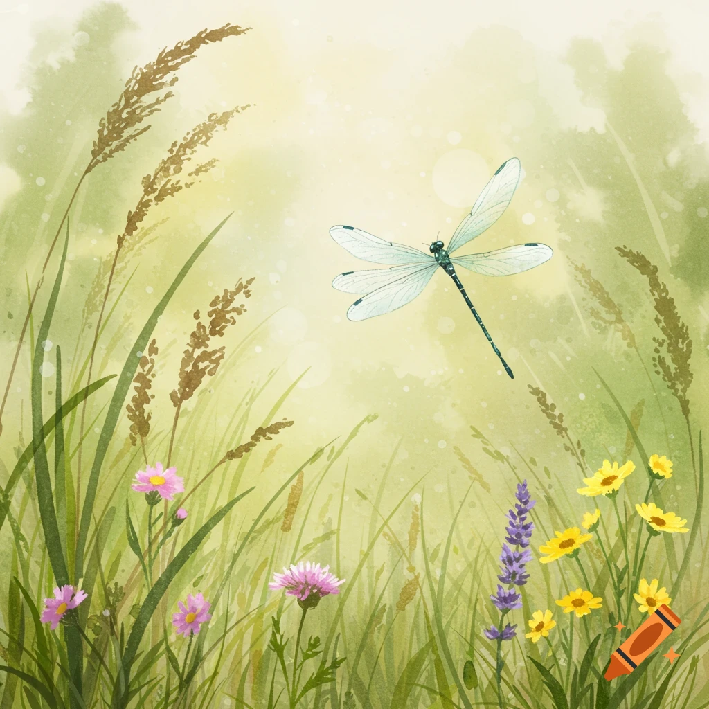 A watercolor painting of a dragonfly flying over a meadow with grass and colorful flowers.