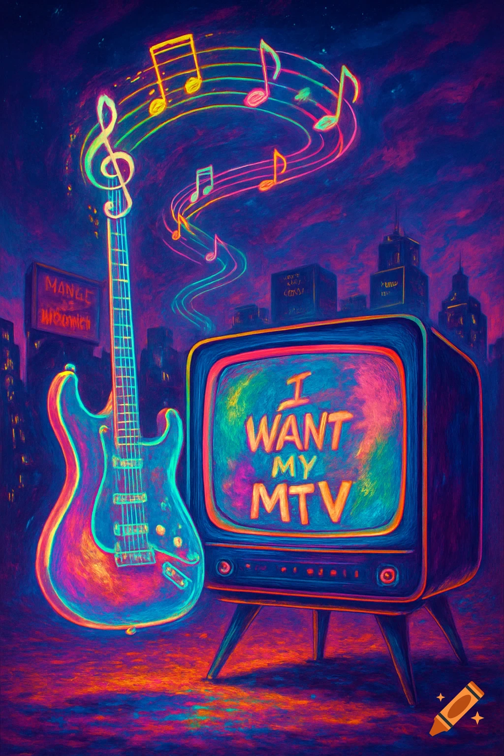 Vibrant neon art of a guitar and a retro TV displaying 'I WANT MY MTV' text, with musical notes floating above a city skyline at night.