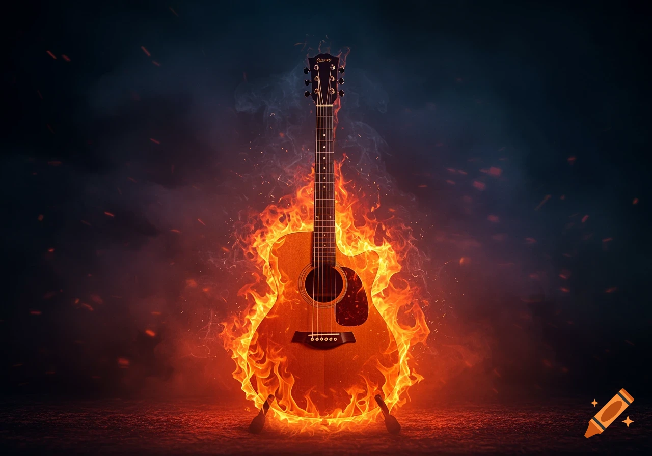 An acoustic guitar is engulfed in bright orange and red flames, standing on a dark, smoky ground against a dark background.