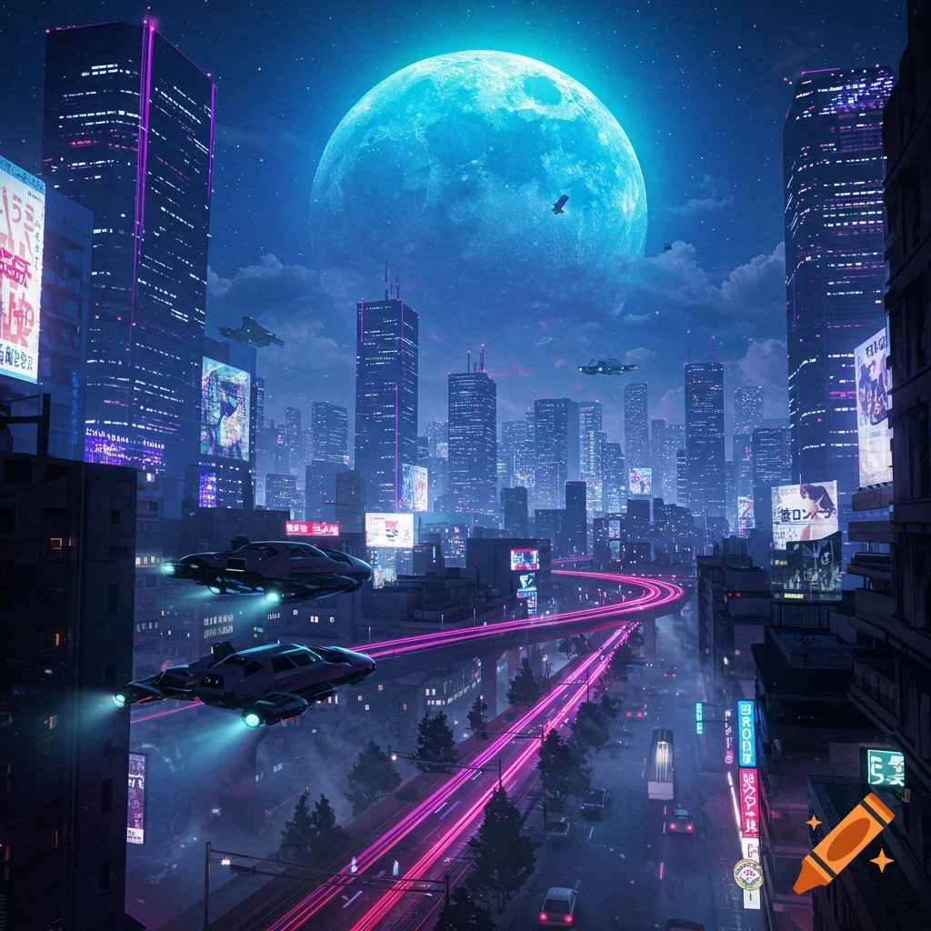 A vibrant cyberpunk city at night with towering skyscrapers, neon signs, and flying vehicles, all under a massive blue moon.