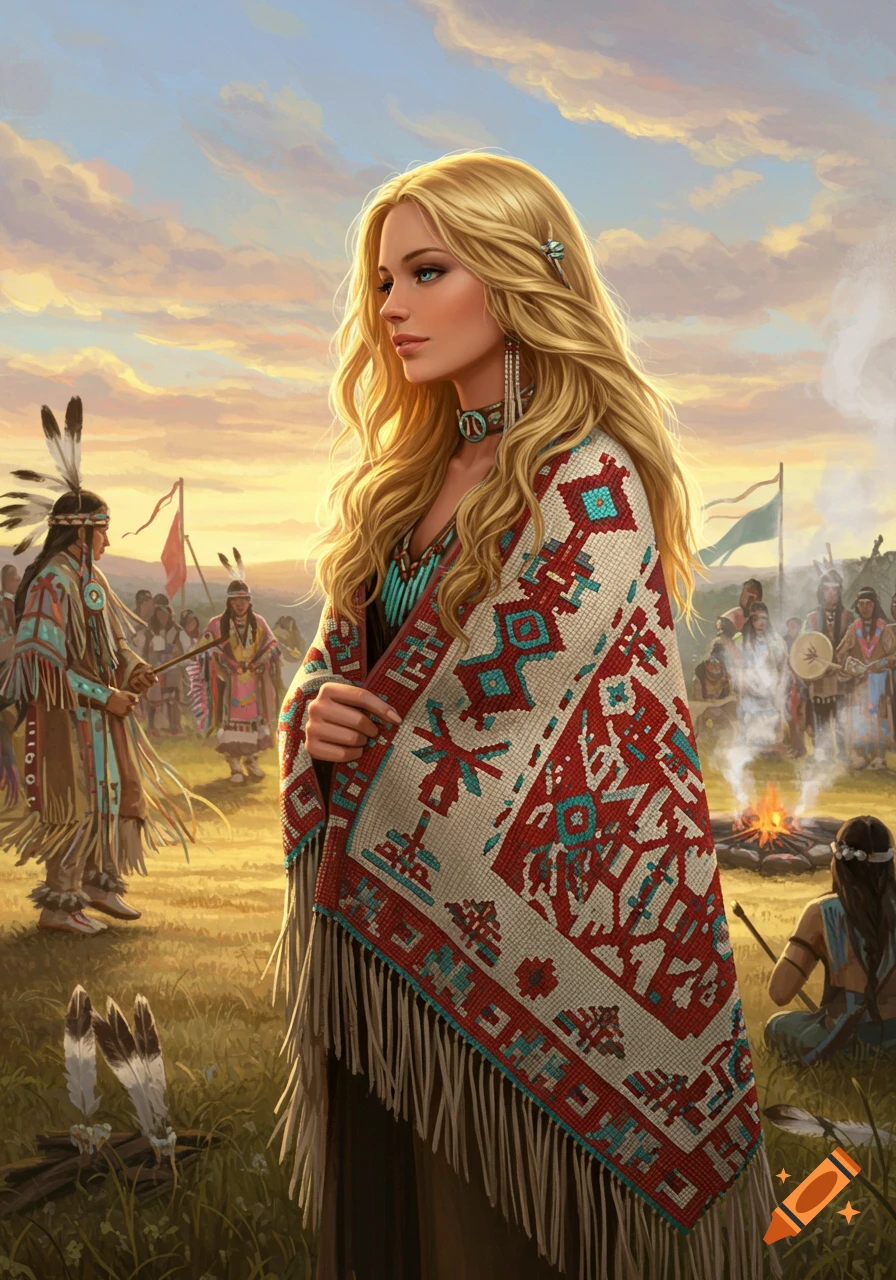 A blonde woman in traditional attire and a patterned blanket stands at a Native American powwow at sunset, digital painting.