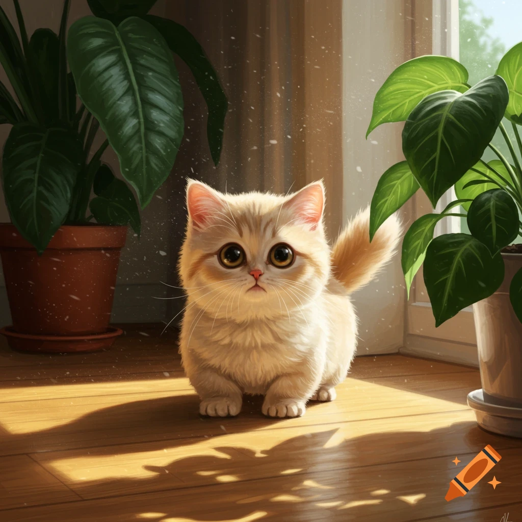 A cute fluffy munchkin cat with large eyes sitting on a wooden floor in a sunlit room with plants.