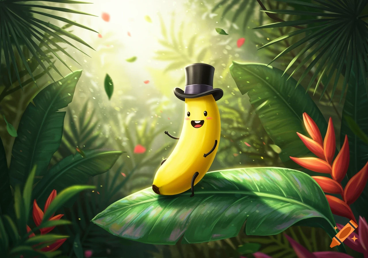 A happy cartoon banana wearing a top hat sits on a large green leaf in a lush jungle with light filtering through the canopy.
