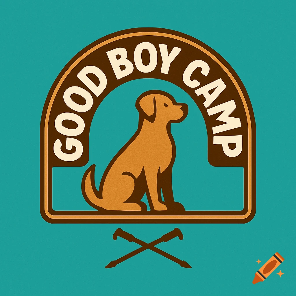 A clean, vector-style logo for "GOOD BOY CAMP" featuring a brown dog silhouette sitting within a brown arched border, with two crossed walking sticks below, on a teal background.